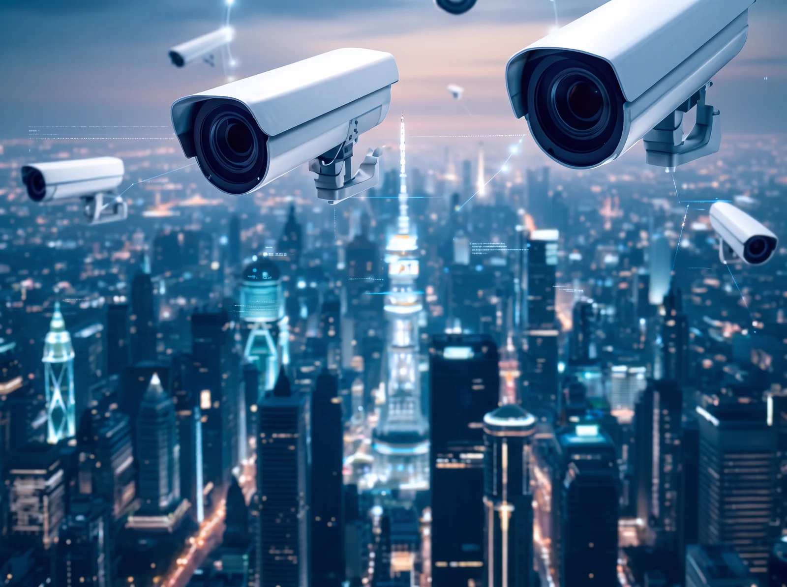 Câmeras de segurança sobre uma cidade moderna ao entardecer