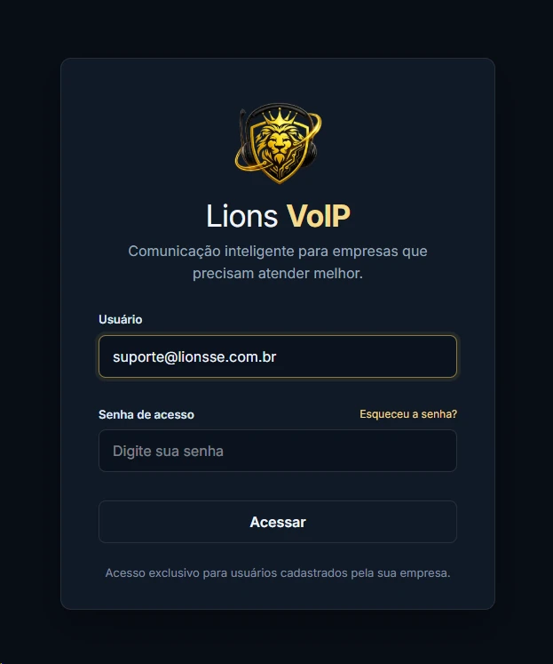 Tela de acesso do Lions VoIP, com os campos de usuário e senha