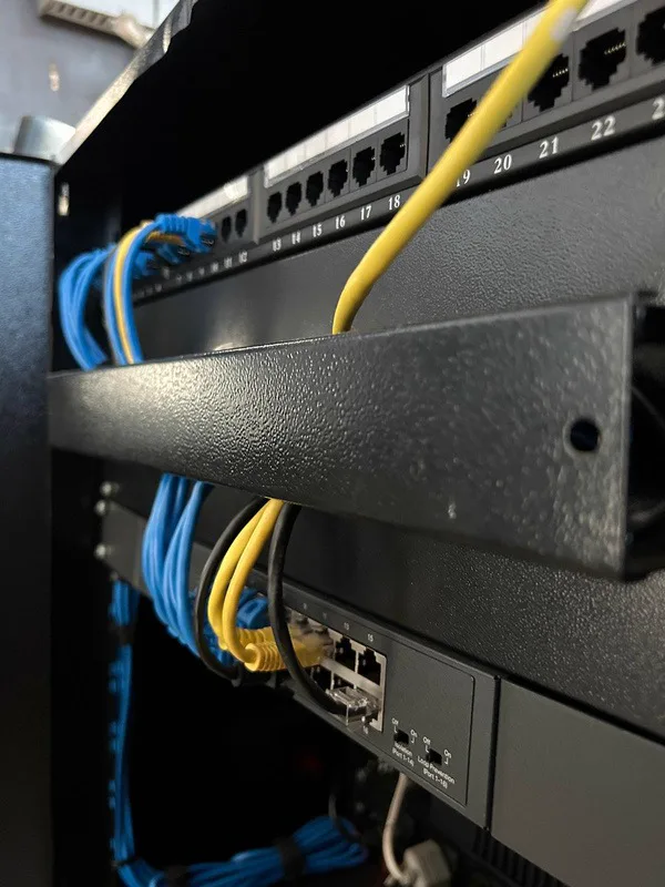 Detail of a patch panel and switch with organized cabling