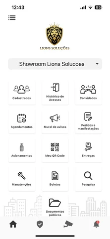 Tela inicial do aplicativo do morador do Sentinel, com atalhos como cadastrados, convidados, agendamentos, entregas e boletos